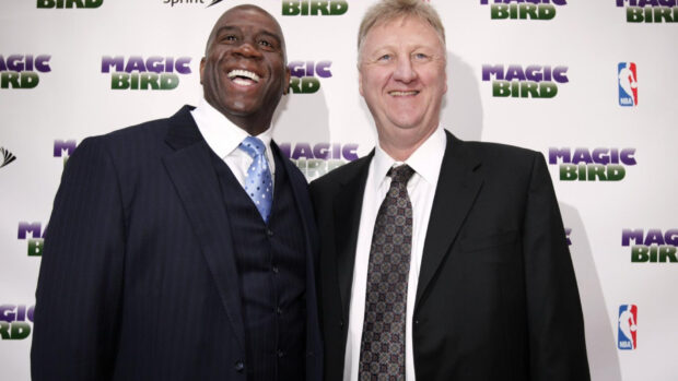 Larry Bird and Magic Johnson smiling together at an event, HD Desktop Wallpaper