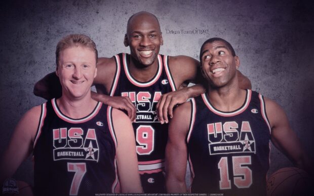 Larry Bird stands with iconic basketball players Michael Jordan and Magic Johnson, HD Desktop Wallpaper