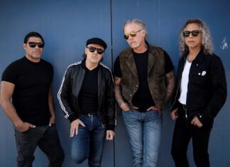 Bold and stylish group of four men wearing sunglasses, standing against a blue background, showcasing their cool fashion for a rock band or urban lifestyle.