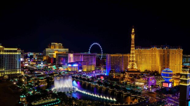 Las Vegas skyline with bright city lights and iconic landmarks at night