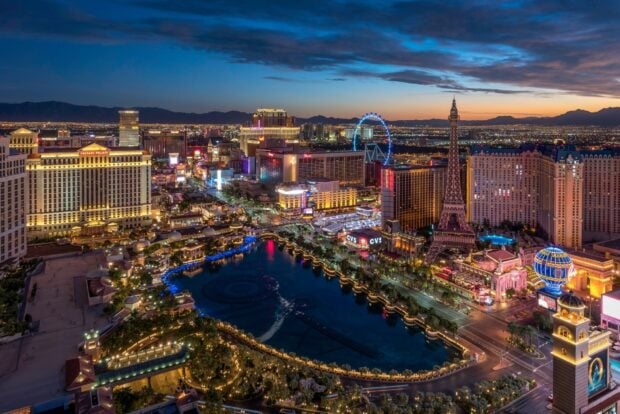 Las Vegas skyline displaying vibrant city lights and iconic landmarks at dusk
