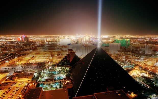 Las Vegas skyline view featuring the Luxor pyramid and city lights at night