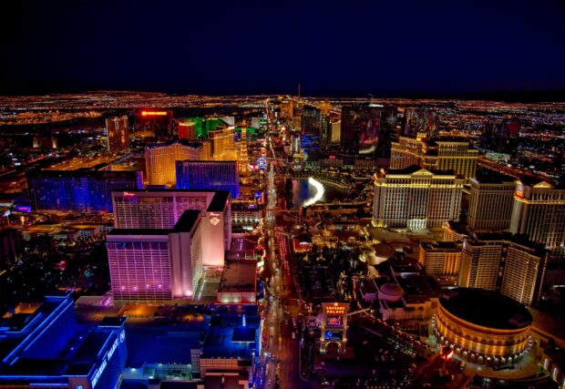 A stunning view of Las Vegas skyline with bright city lights and vibrant night atmosphere