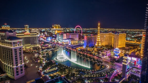 Las Vegas skyline with famous landmarks and bright city lights at night