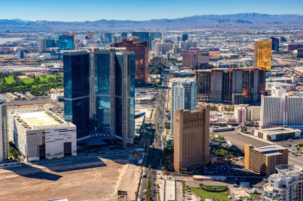 Las Vegas skyline showcasing modern skyscrapers and urban landscape in clear daylight