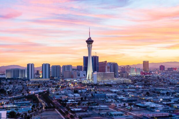 The Las Vegas skyline view at sunset with colorful skies and city buildings