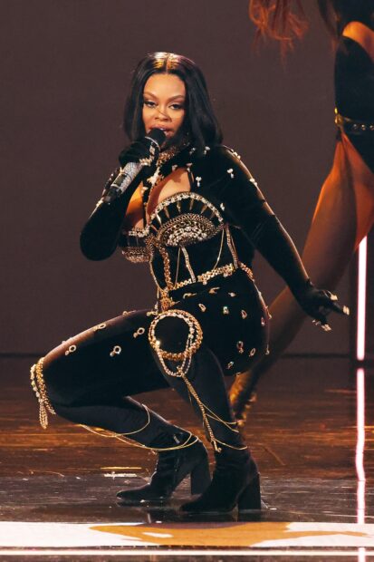 Latto Wallpapers is performing on stage in a black and gold outfit, HD Mobile Wallpaper