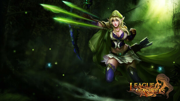 A fierce League Of Angels character aims green energy arrows in a dark forest, HD PC Wallpaper