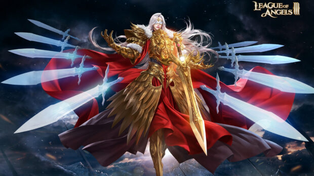 A fantasy hero in golden armor wields a glowing sword with floating blades around her in League Of Angels Wallpapers, HD Desktop Wallpaper