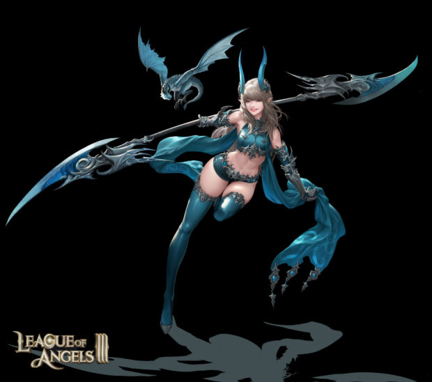 A League Of Angels character wields a large weapon alongside a flying dragon, HD Desktop Wallpaper