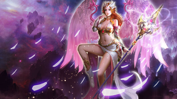 A League Of Angels character stands with pink wings and a magical spear, HD Desktop Wallpaper