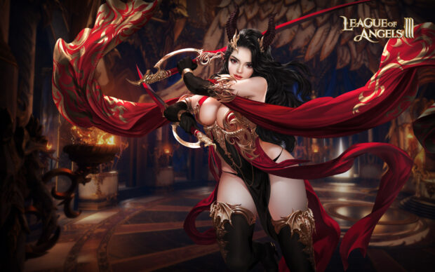 A League Of Angels character poses confidently with sharp weapons in an ornate hall, HD Desktop Wallpaper