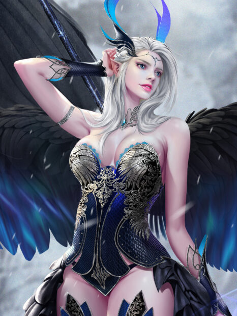 A dark angel with silver hair and intricate armor stands confidently in a cloudy sky, HD Desktop Wallpaper