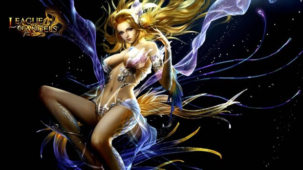 A fantasy character from League Of Angels is depicted with flowing hair and intricate armor, HD Desktop Wallpaper