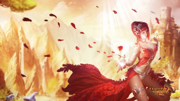 A fantasy character from League Of Angels holds a glowing rose in a mystical landscape, HD Desktop Wallpaper