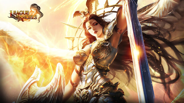 A fierce warrior from League Of Angels with armor and sword, HD Desktop Wallpaper