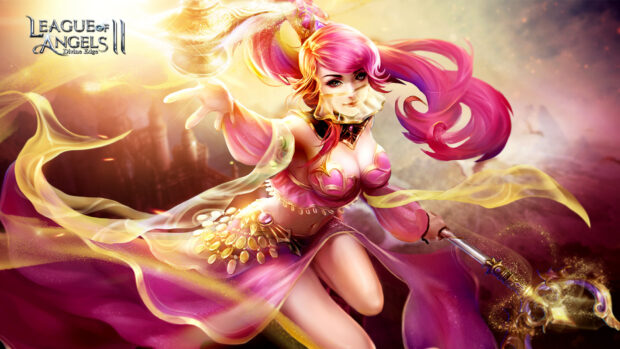 A female warrior in vibrant pink attire casts a glowing spell with a mystical staff in League Of Angels, HD Desktop Wallpaper