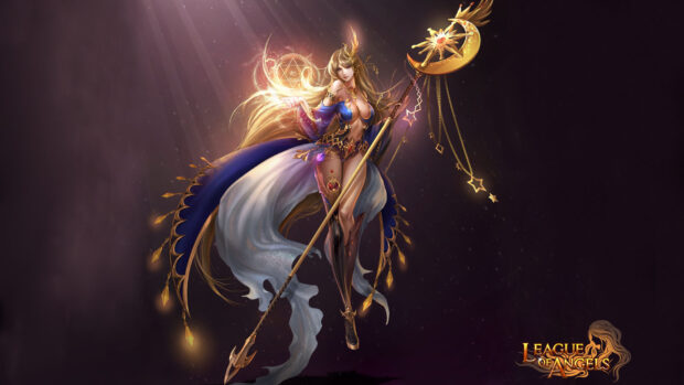 A mystical female warrior from League Of Angels holds a glowing staff in a dark setting, HD Desktop Wallpaper
