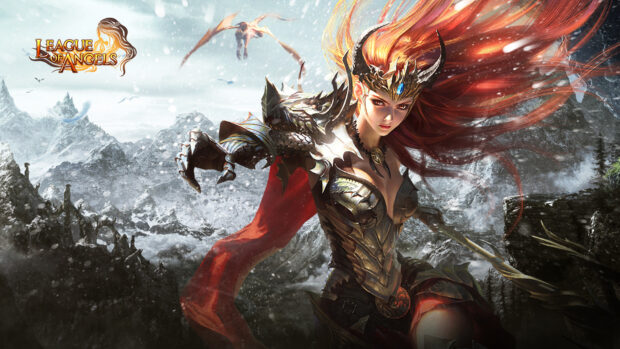 A fierce female warrior from League Of Angels stands ready with snowy mountains behind, HD Desktop Wallpaper