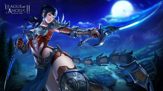 A fierce League Of Angels warrior stands ready under the moonlight with glowing swords, 4K Desktop Wallpaper