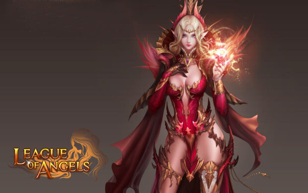 A female warrior from League Of Angels is holding a glowing magical fire orb, HD Desktop Wallpaper