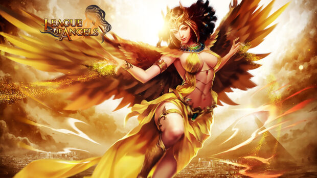 A League of Angels wallpapers showing a fierce winged warrior in golden attire flying above an ancient city, HD Desktop Wallpaper