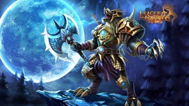 A fierce warrior from League of Angels stands on a rocky cliff with a large moon in the background, HD Desktop Wallpaper