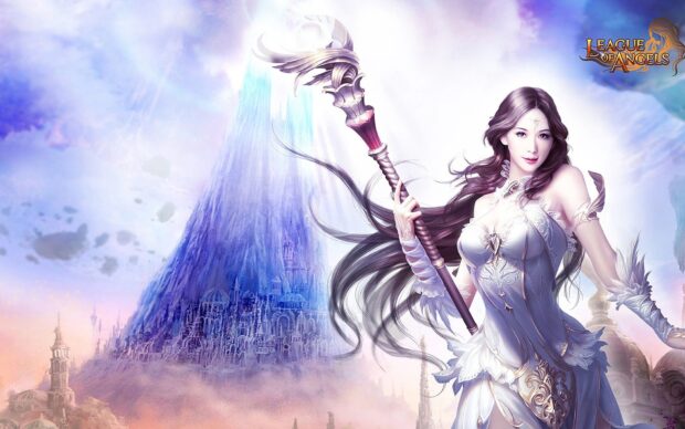 A fantasy woman holding a staff stands before a towering mystical city in League Of Angels Wallpapers, HD Desktop Wallpaper