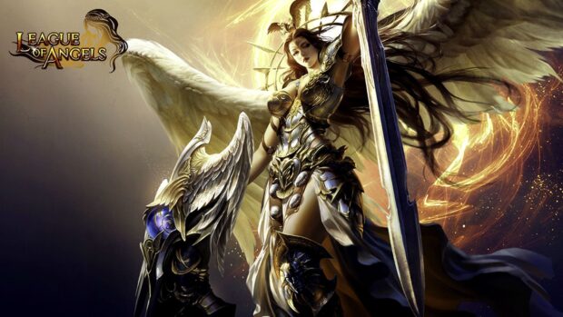 A winged warrior in ornate armor holding a sword represents League of Angels gameplay, HD Desktop Wallpaper