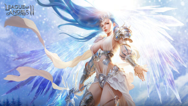 A League of Angels warrior stands with blue wings and armor in a bright sky, HD Desktop Wallpaper