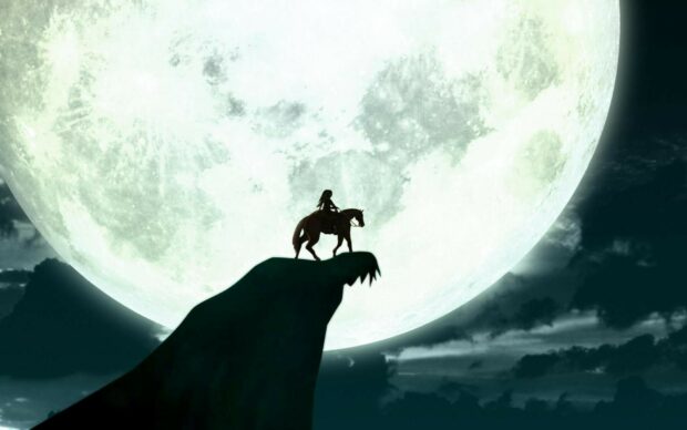 The Legend Of Zelda shows the hero riding a horse in front of a giant full moon, HD Desktop Wallpaper