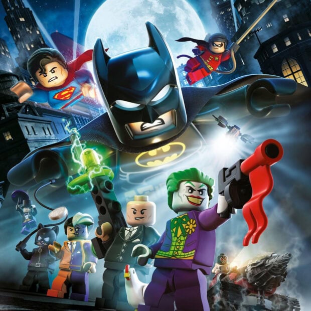 Lego Super Heroes characters are shown in a dynamic battle under the full moon, HD Desktop Wallpaper