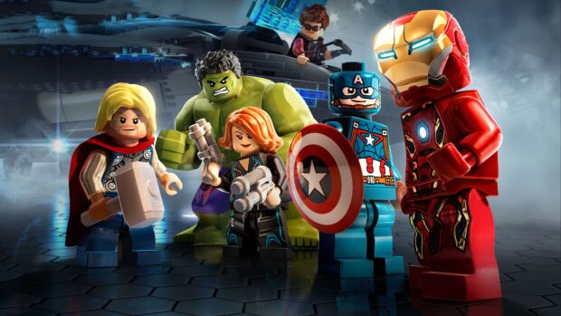 Lego Super Heroes gathered in a futuristic setting ready for battle, 4K Desktop Wallpaper