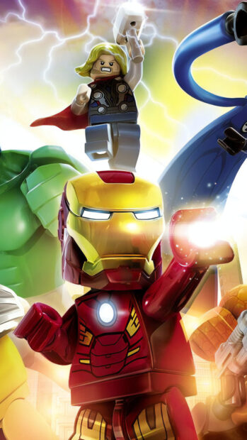Lego super heroes are shown fighting together with powers and weapons, 4K Mobile Wallpaper