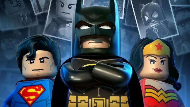 Lego characters of super heroes including Batman and Superman standing together, HD Desktop Wallpaper