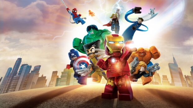 Lego super heroes team flying above city skyline, 4K Desktop Wallpaper