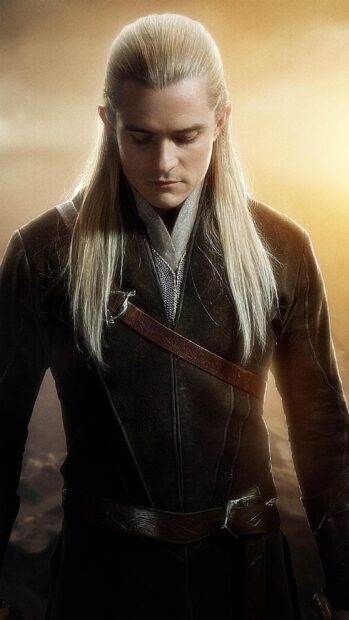 Legolas standing with long hair and leather armor in a fantasy setting