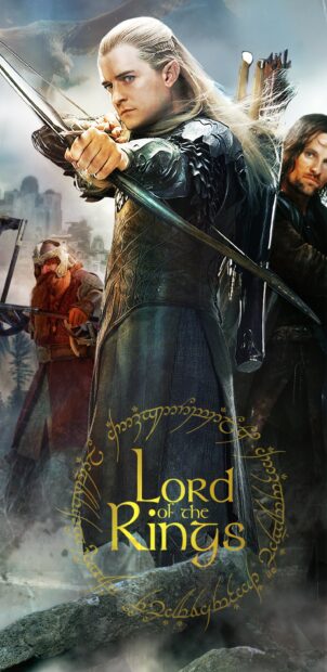 Legolas archer aiming his bow in a Lord of the Rings scene with Dwarf and warrior behind him