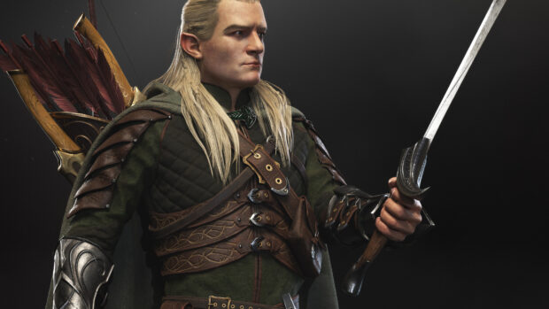 Legolas wearing detailed leather armor holding a sword with arrows on his back