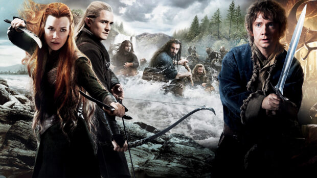 Legolas standing with his bow and arrows in a fantasy battle scene with companions nearby