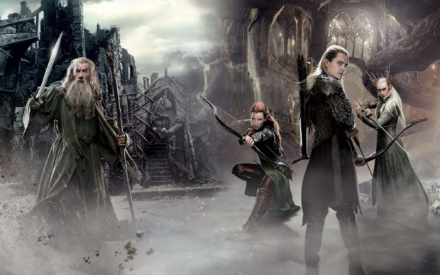 Legolas standing with other characters in a fantasy battle scene with ruins and mystical architecture