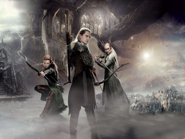 Legolas stands ready with a bow in a fantasy elven city background