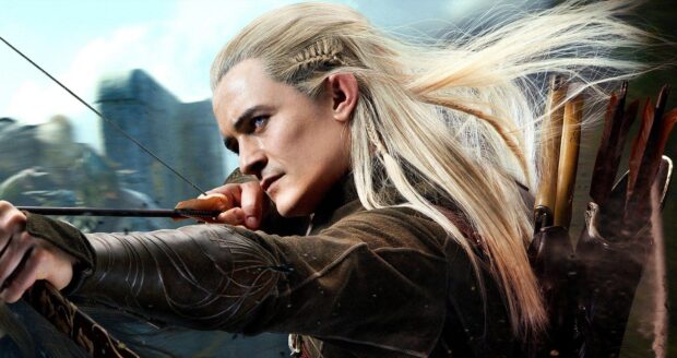 Legolas aiming his bow with focused eyes and long braided hair in a battle scene