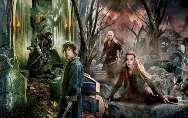 Legolas and his companions preparing for battle in a fantasy setting with mountains and ancient ruins around them