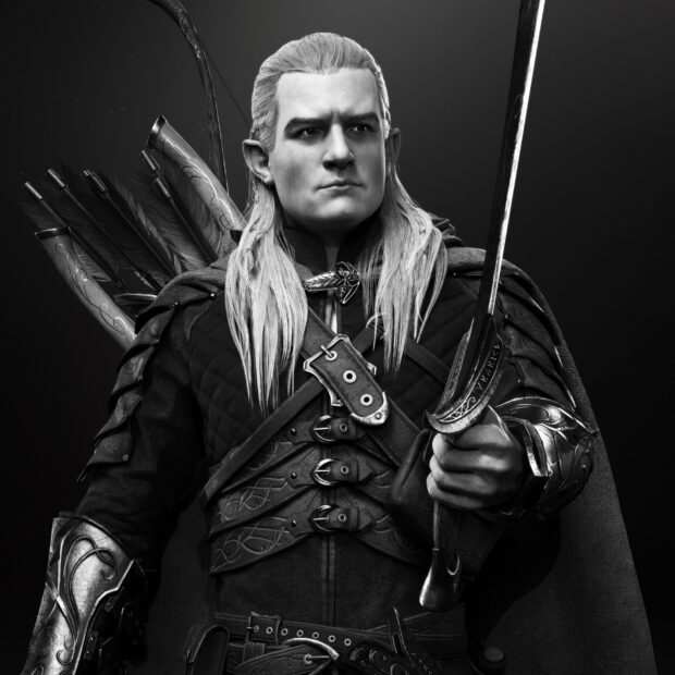 Legolas character holding a bow with quiver full of arrows in detailed armored outfit