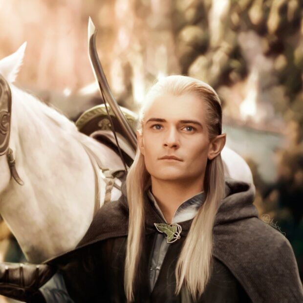 Legolas character with long blonde hair standing beside a white horse in a forest setting