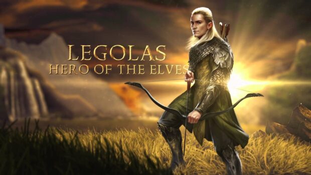 Legolas in armor holding bow in a golden field at sunset with mountains in the background