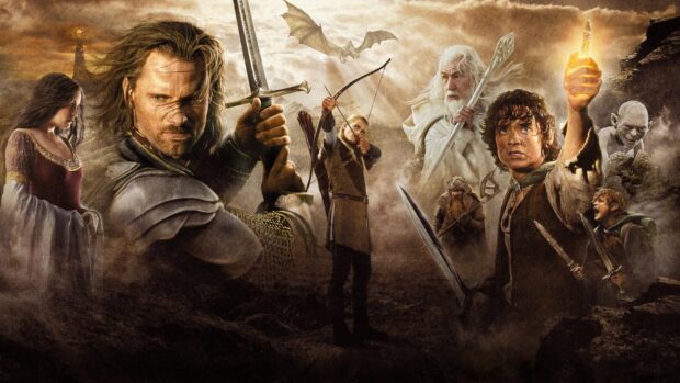 Legolas aiming his bow while the fellowship prepares for battle in a fantasy landscape