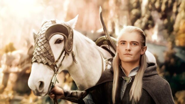 Legolas standing beside a white horse in a forest setting with long blond hair and elven attire