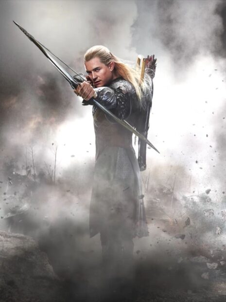 Legolas stands ready with his bow and arrow in a smoky battlefield scene
